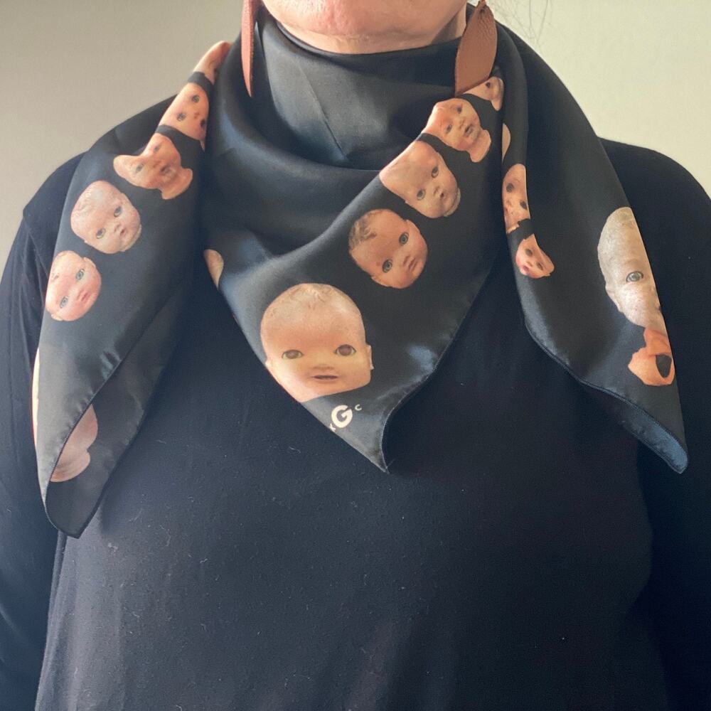 Creepy Luxury! 36" Square Pure Silk Habotai Vintage Doll Head  Scarf